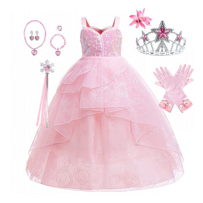 A Bruxa em West Role Play Vestido Glinda Brilhante Rosa Fantasia de Princesa Fantasia de Performance Palco Wicked Menina Vestidos
