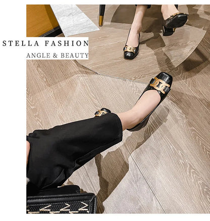 Plus Size 35-43 Women Pumps Med Heel Square Toe Pumps Office Lady Leahter Shoes Big Gold Metal Chain Soft Soles Slip on Shoes