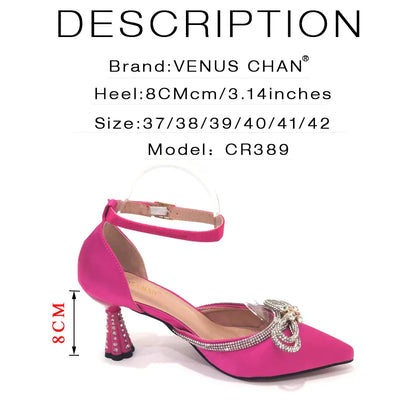 Ladies Pointed-Toe Party High Heels Magenta Colour Bow Rhinestone Stereo Bag Evening  African Wedding Shoe And Bag Set