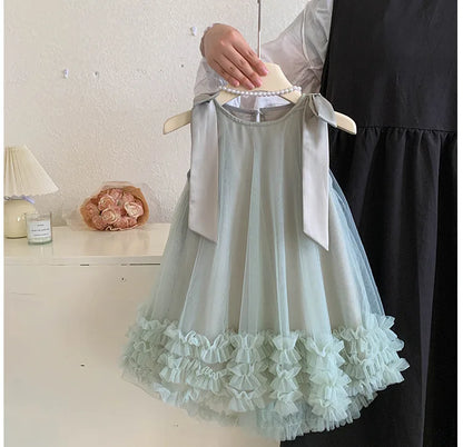 2024 Summer Korean  Girls New Sleeveless Bow Solid Color Sweet and Gentle Princess Dress Childrens Trend