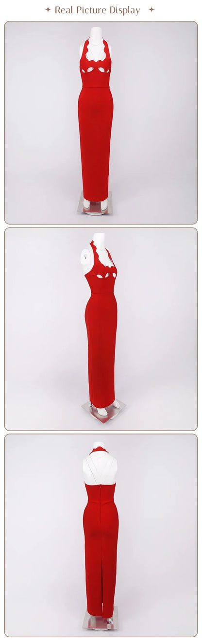Red Cut-Out Halter Bodycon Christmas Dress for Women Sexy Backless Evening Dresses Sleeveless Slim Fit Party Dress