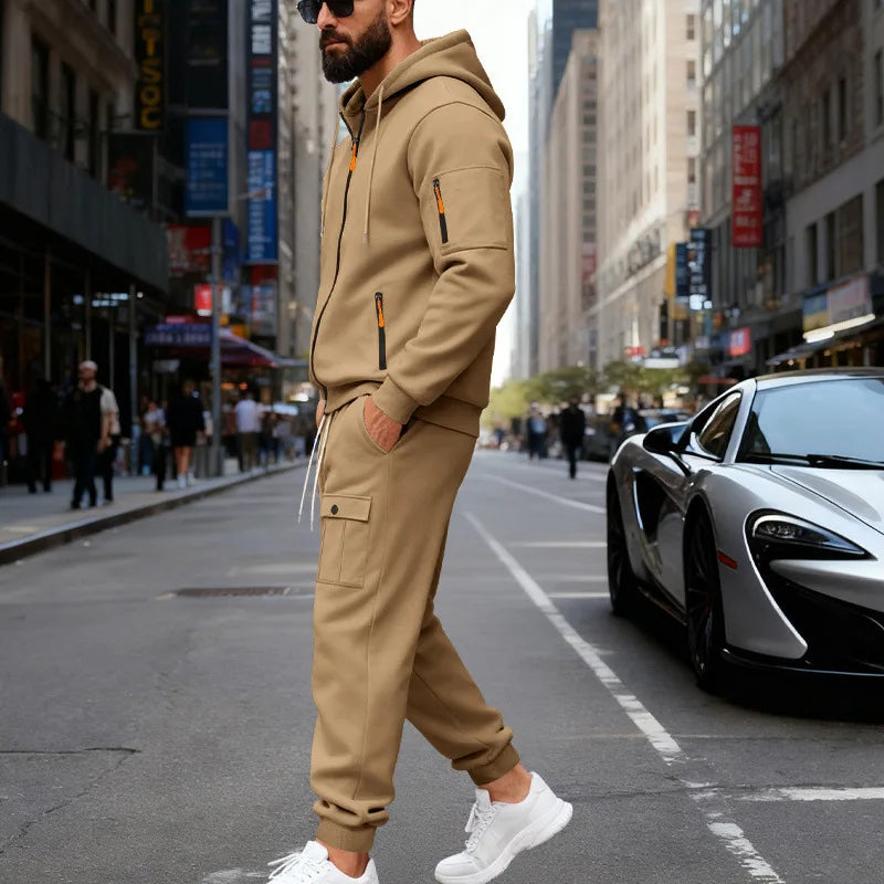 Autumn and winter men's velvet loose casual tooling outdoor sports fashion hooded sweater set