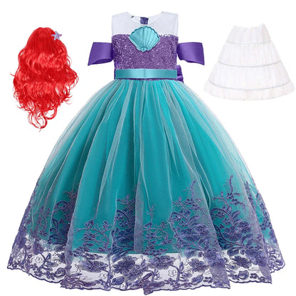 Vestido Ariel Pequena Sereia Princesa Fofa Menina Fantasia Cosplay Infantil Roupa de Festa Aniversário Halloween Vestido de Verão Menina