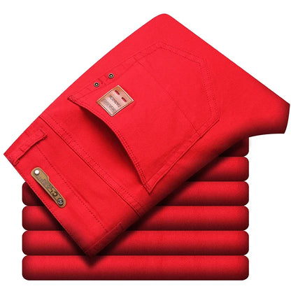 2024 Autumn New Men's Stretch Fit Jeans Bright Trendy Denim Straight-leg Trousers Male Red Lake Blue Yellow Trousers