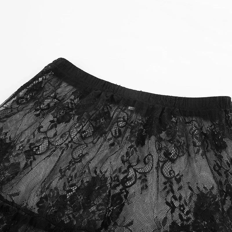 Loose Black Sexy Black Lace Skirt Women Fashion Thin Transparent Casual Hollow Out High Waist Loose A-line Long Skirt Party