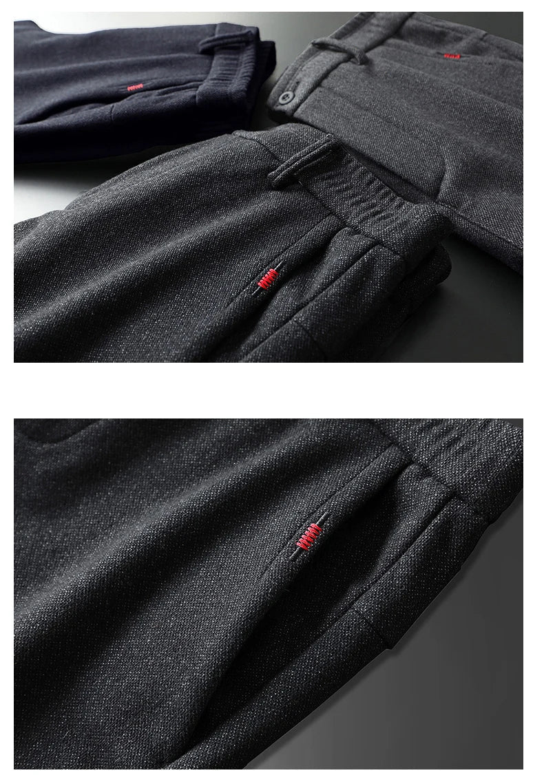 Autumn Winter Thick Men's Casual Pants Brushed Fabric Straight Slim Business Fashion Trousers Stretch Korean Male Clothing