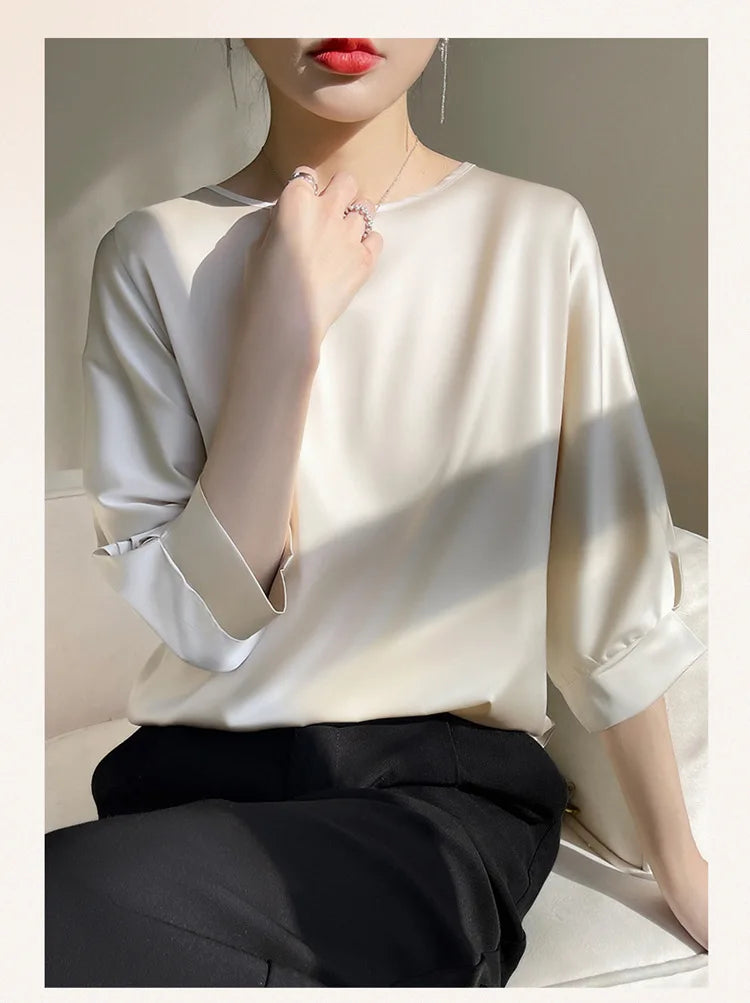 2026 New In Summer Satin Silk Half-Sleeve Tee Tops Basic Solid Women‘s T-Shirt Casual O-neck Thin Shirts Ladies Loose Blouses