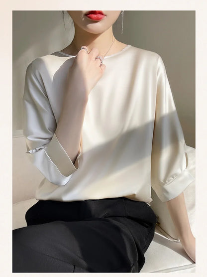 2026 New In Summer Satin Silk Half-Sleeve Tee Tops Basic Solid Women‘s T-Shirt Casual O-neck Thin Shirts Ladies Loose Blouses
