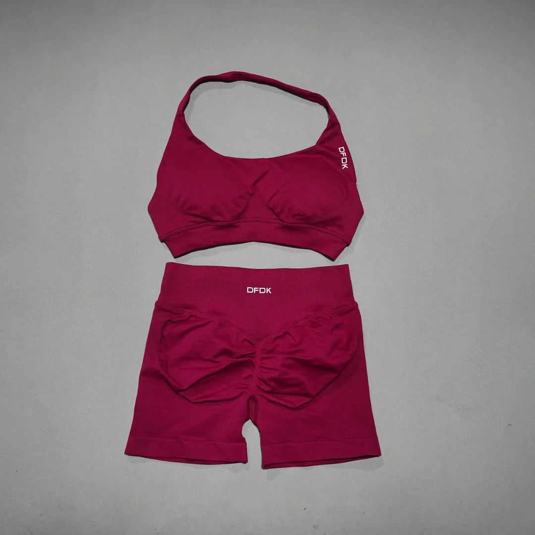 Women's Fashion 2 Piece Sports Set Lace Up Sports Bra Seamless Shorts Leggings Yoga Gym Fitness Running Tracksuit