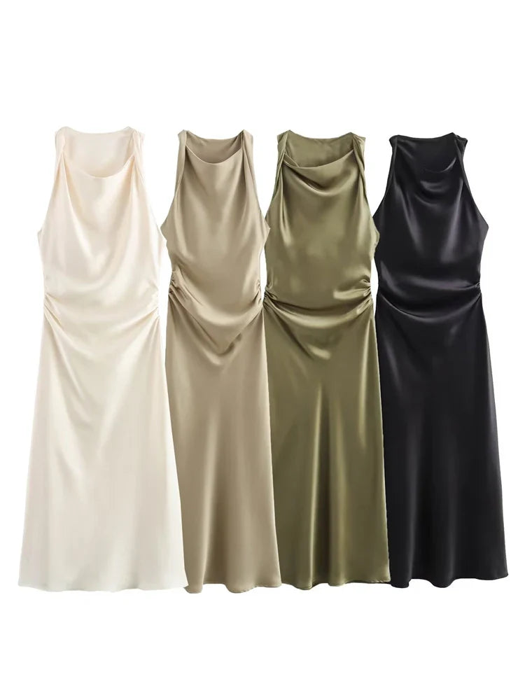 Satin Ruched Long Dresses for Women Sleeveless Summer Dress Woman off Shoulder Party Womens Dresses Beach Female Dress