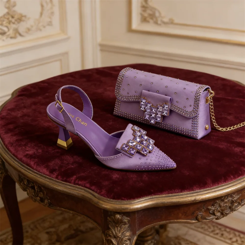 Purple Color Shoes and Bag Elegant Handbags and Medium Heel Shoes Beautiful Handmade Flowers For Wedding Party