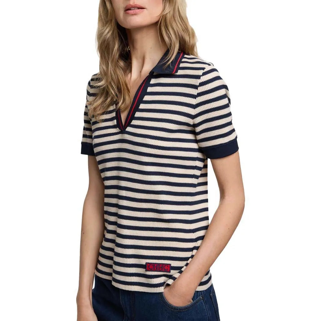 Fashion Stripe Knitted Polo Neck T Shirt For Women Soft Chic Short Sleeve Casual Pullovers 2025 Summer New Lady Street Tops
