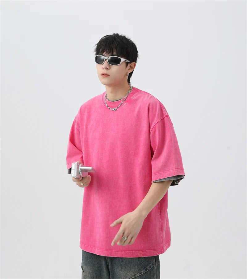 Japanese Korean Style Stir Fried Snowflake Washed T-Shirts Men Women Cotton Heavyweight Summer Hip Hop Streetwears Short Sleeved
