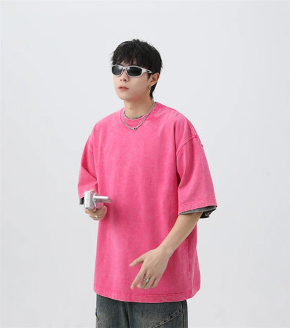 Japanese Korean Style Stir Fried Snowflake Washed T-Shirts Men Women Cotton Heavyweight Summer Hip Hop Streetwears Short Sleeved