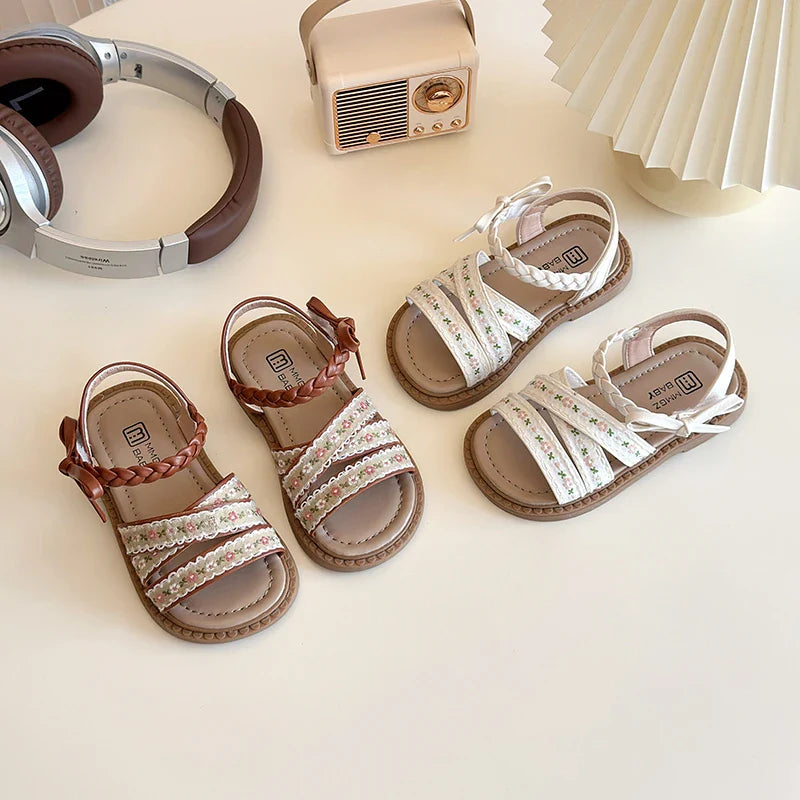 Summer Girl's Sandals Braided Flower Classic Trendy Vintage Kids Sliders Beige Brown Open Toe Holiday Pu Leather Children Shoes