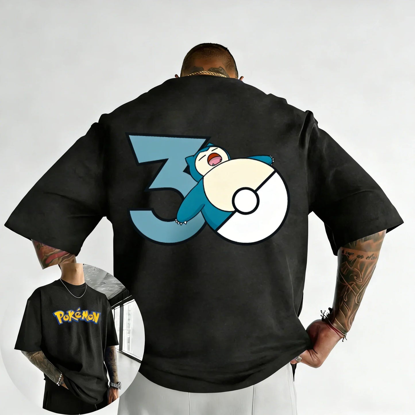 30th Anniversary Snorlax Printed T-shirt Summer Men's and Women's Trendy Large Loose Casual Y2K Short Sleeve Top