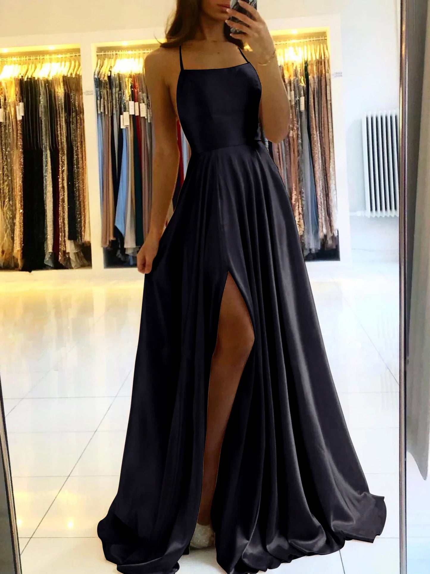 2025 Vestidos Longos de Cetim Verde Escuro para Madrinhas de Casamento com Alças Finas Fenda Sexy Decote nas Costas Maxi Vestidos de Noite Femininos
