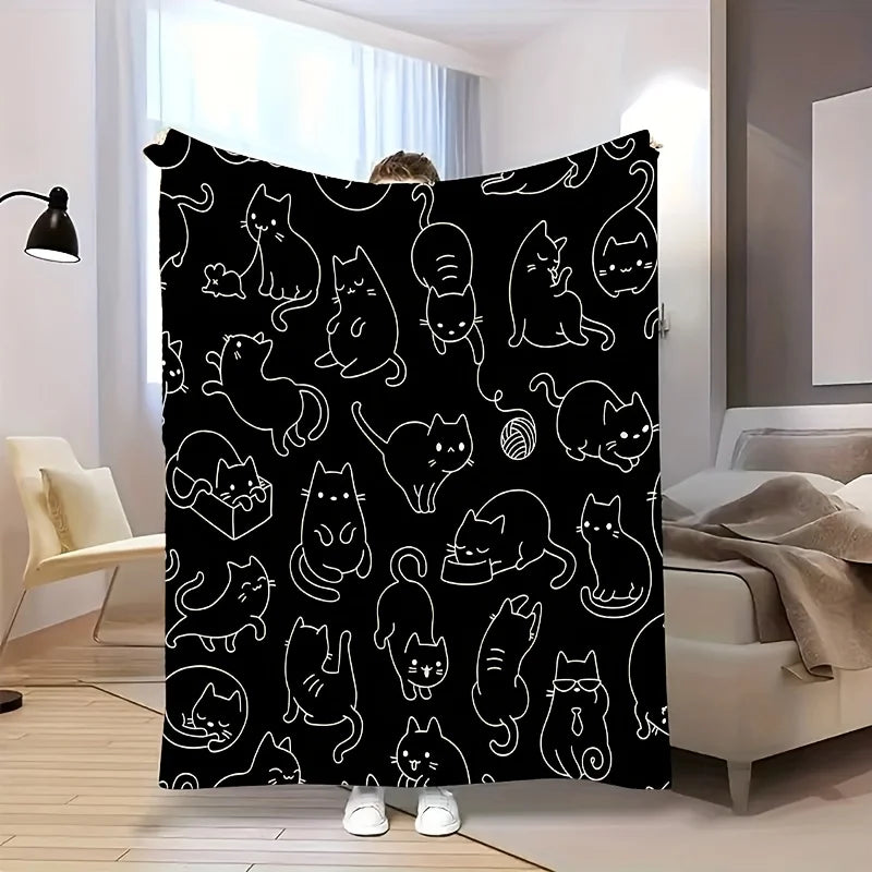 Cute Black White Kitten Flannel Blanket - Soft Warm All-Season Throw for Sofa/Bed/Office/Travel, Fashionable Gift for Cat Lovers