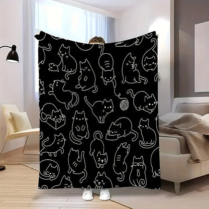 Cute Black White Kitten Flannel Blanket - Soft Warm All-Season Throw for Sofa/Bed/Office/Travel, Fashionable Gift for Cat Lovers