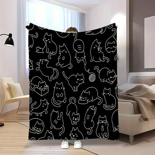 Cute Black White Kitten Flannel Blanket - Soft Warm All-Season Throw for Sofa/Bed/Office/Travel, Fashionable Gift for Cat Lovers