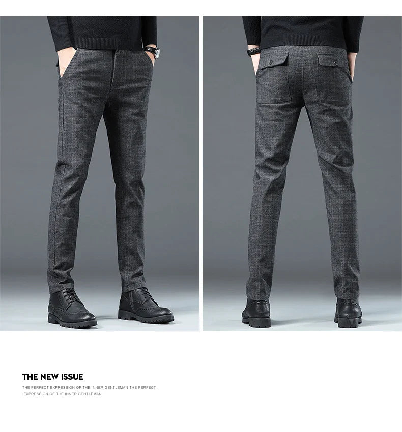 Spring Autumn Korea Business Men Pants Cotton Comfortable Elastic Plaid Casual Fashion Trousers Male Suit Pant