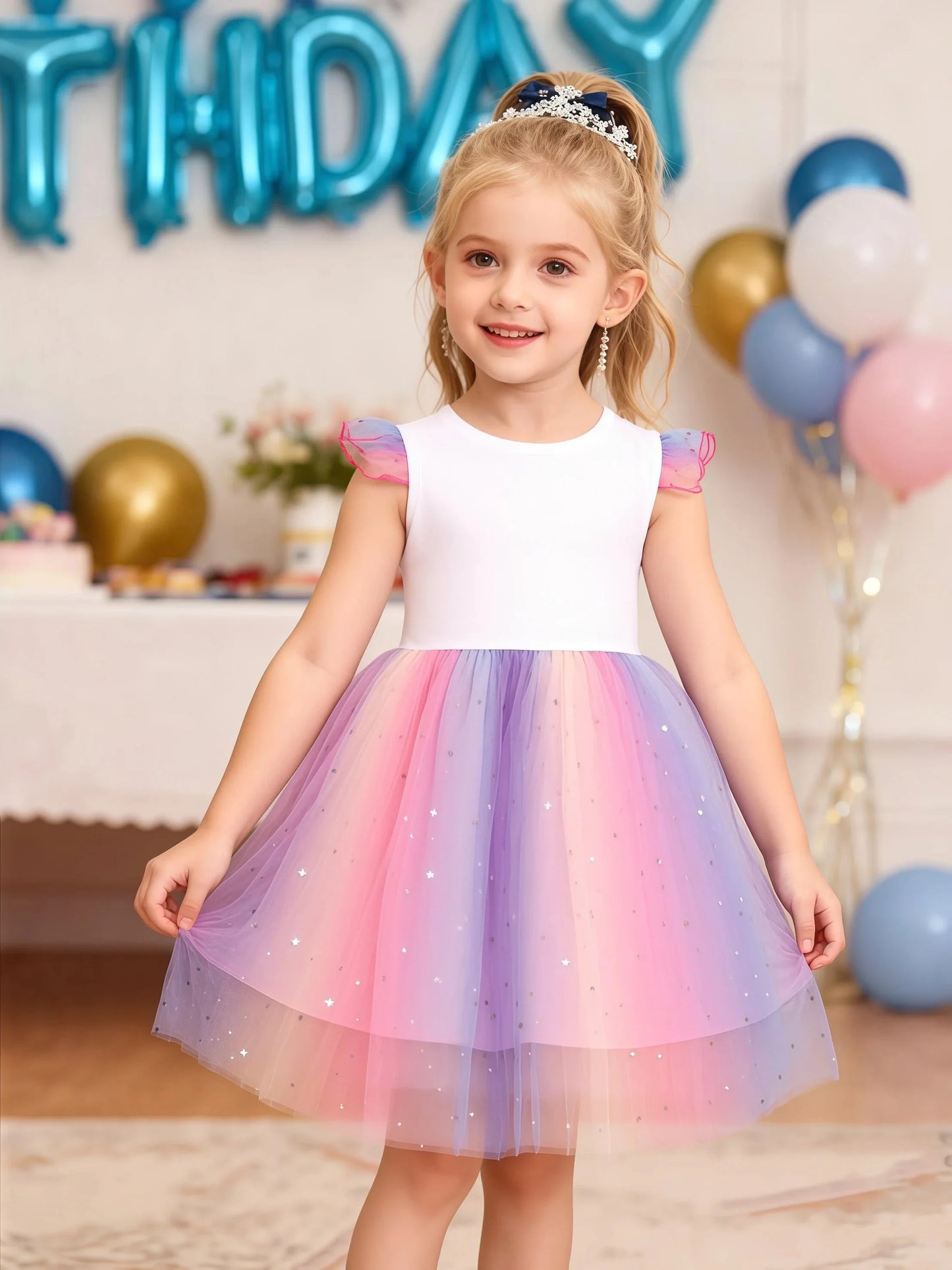 My Little Ponys Baby Girls Dress Children Cartoon Mesh Star Sequins Princess Dress Kids Flying Sleeve Skirt For Birthday Gift