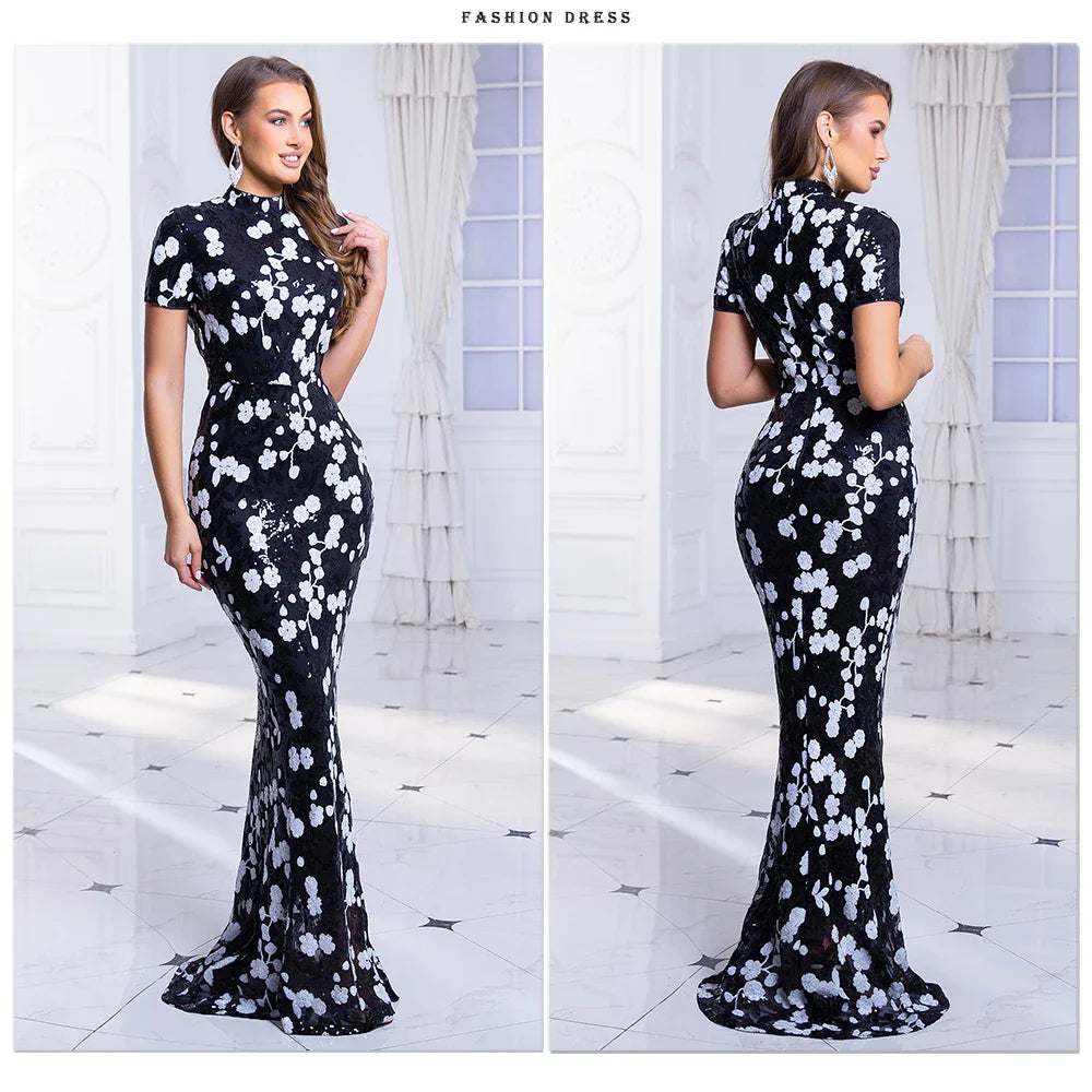 O Neck Short Sleeve Graduation Dresses Flowers Sequined Long Bodycon Stretchy Women Evening Dress Summer 2025
