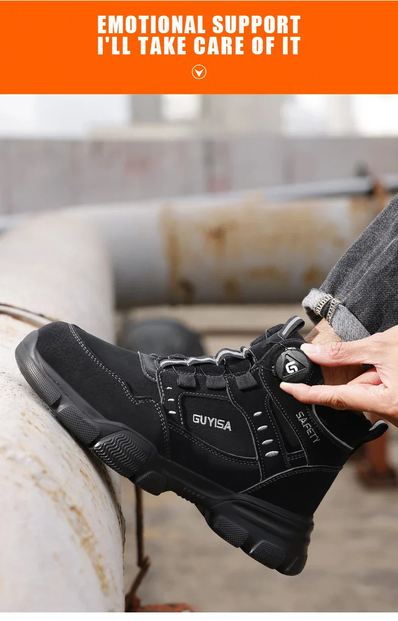 Men's Steel Head Work Shoes Anti Smash and Anti stab Khaki High Top Intelligent Buckle Simple Fashion Industrial Style Pr