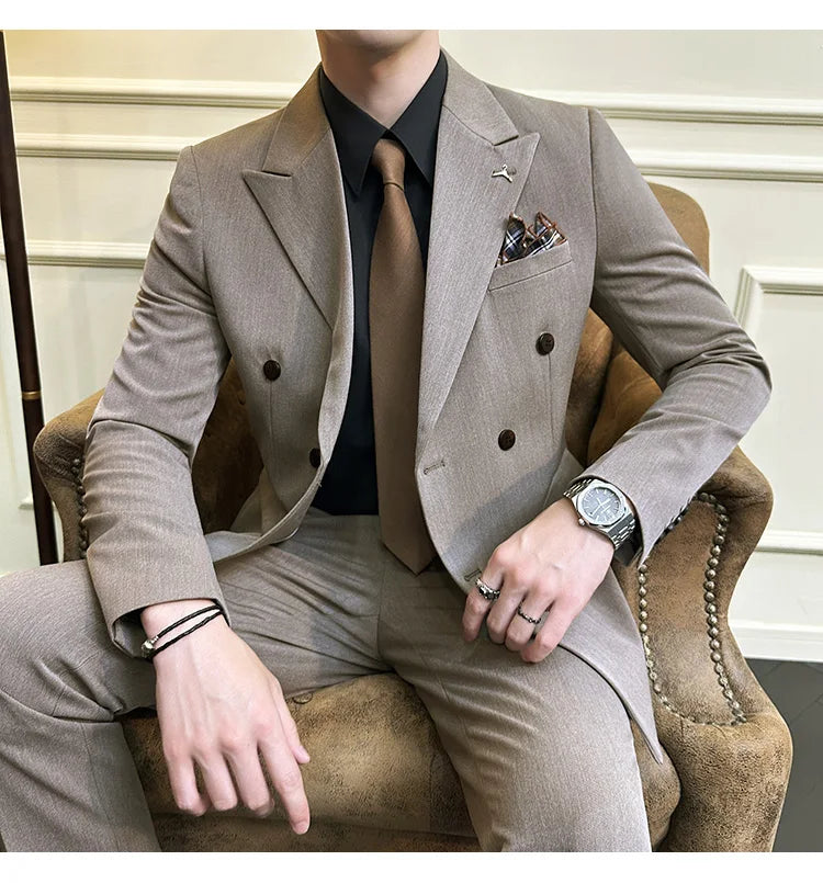 ( Blazers + Pants ) Boutique Fashion Solid Color Double-breasted Men's Casual Business Slim Suit 2-piece Set Groom Wedding Dress