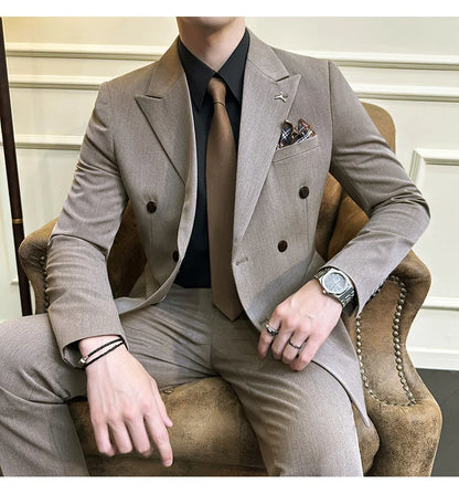 ( Blazers + Pants ) Boutique Fashion Solid Color Double-breasted Men's Casual Business Slim Suit 2-piece Set Groom Wedding Dress