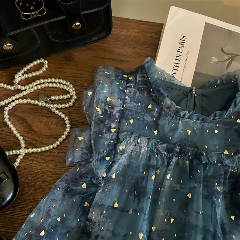 Vestido de Verão para Meninas, Novo Estilo de Vestido de Princesa Moderno para Crianças, Vestido de Tule Super Fofo para Meninas