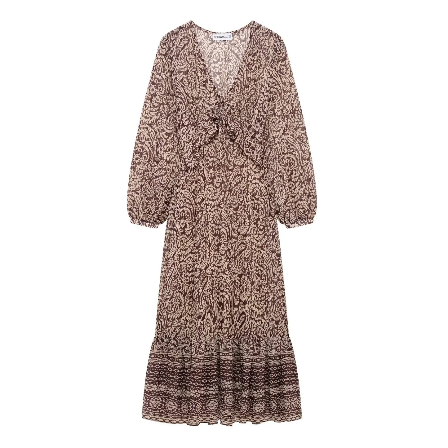 2025 Spring New Product Women's Stacked Decorative Printed V-neck Midi Dress Fashion Retro Pattern Printed Skirt