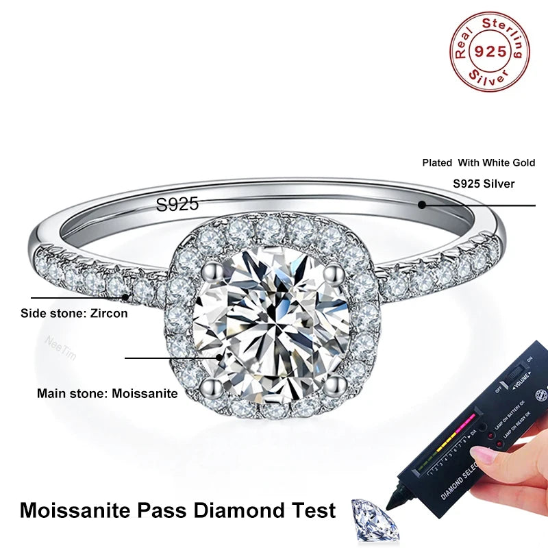 D Color Moissanite Ring 925 Sterling Silver with White Gold Plated Lab Diamond Rings for Women Wedding Band Jewelry Gifts