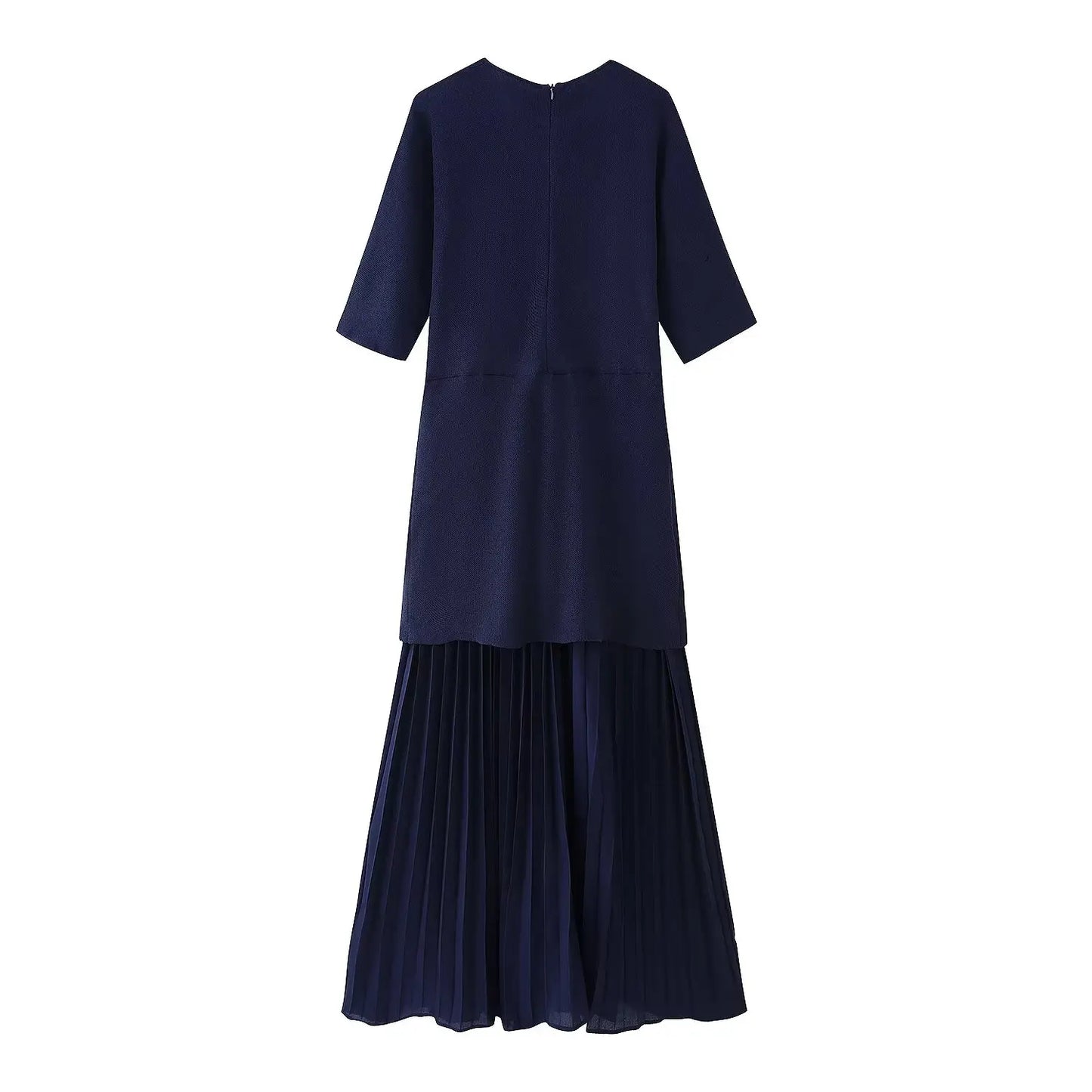 Women Elegant Half Sleeves O-Collar Pleated Dress Spring Woman Rear Zipper Splicing Vintage Casual Knitted Long Dress