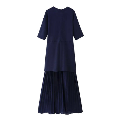 Women Elegant Half Sleeves O-Collar Pleated Dress Spring Woman Rear Zipper Splicing Vintage Casual Knitted Long Dress