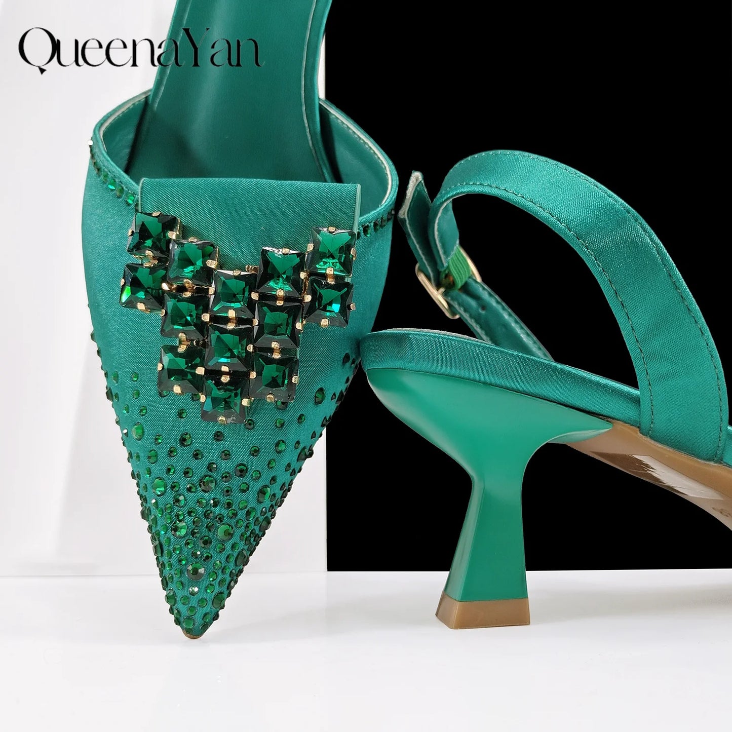 Green Color Rhinestone Comfortable High Heel Shoe And Bag Fashion Style Pointed-Toe Shoes For Women Or Commuting Shoes