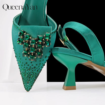 Green Color Rhinestone Comfortable High Heel Shoe And Bag Fashion Style Pointed-Toe Shoes For Women Or Commuting Shoes