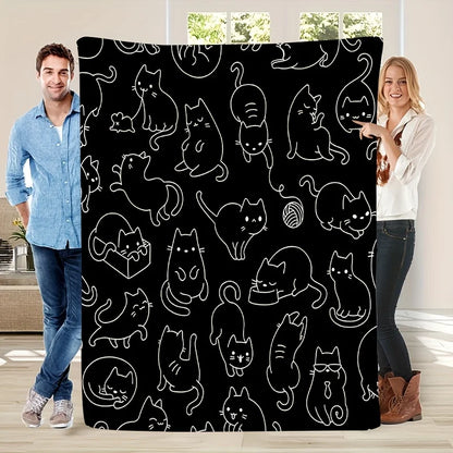 Cute Black White Kitten Flannel Blanket - Soft Warm All-Season Throw for Sofa/Bed/Office/Travel, Fashionable Gift for Cat Lovers