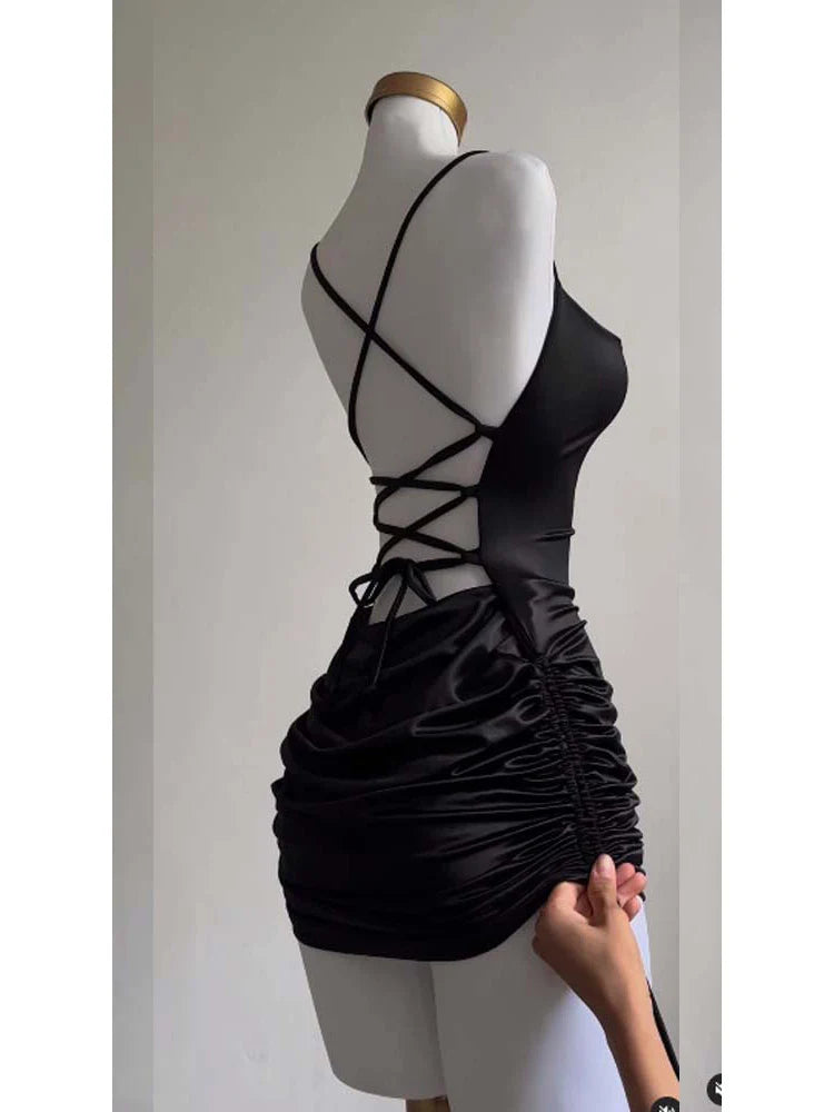 Sexy Satin Lace Up Bodycon Mini Dress Women Sleeveless Backless Party Club Dresses Streetwear Elegant Evening Clothes Black Robe