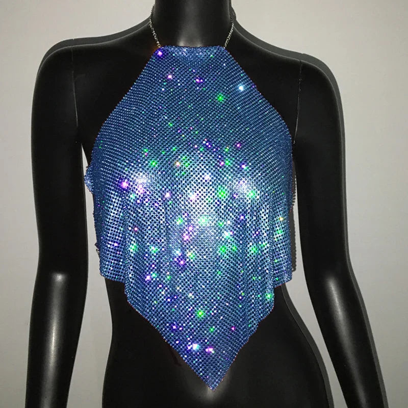 Fashion Summer Backless Tank Top Women Shiny Rhinestone Metal Sequins Halter Neck Camisole Rave Festival Party Crop Tops