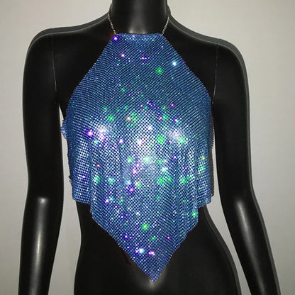 Fashion Summer Backless Tank Top Women Shiny Rhinestone Metal Sequins Halter Neck Camisole Rave Festival Party Crop Tops