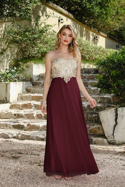 Elegant Sweetheart Prom Dress with Gold Embroidered Bodice & Flowing Chiffon Skirt for Homecoming & Formal Events