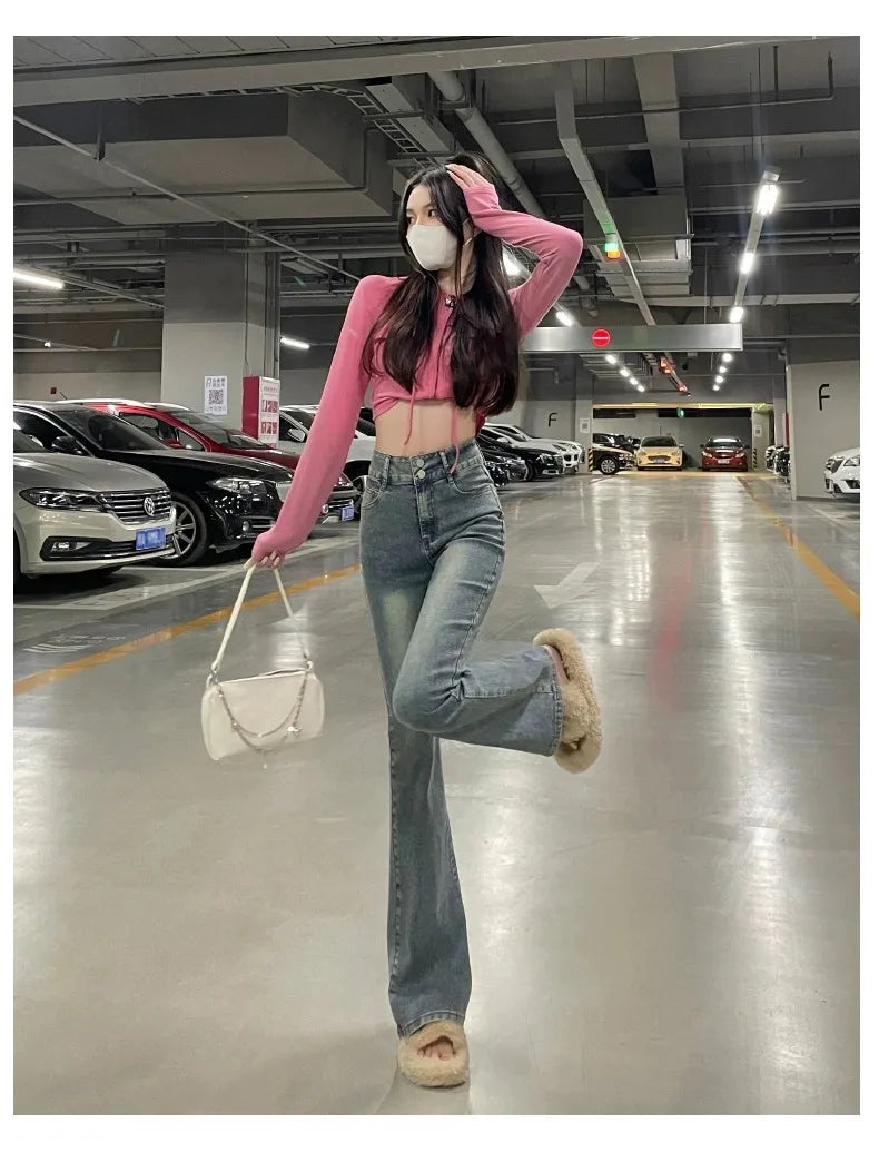 Autumn Winter American Sle High Waist Slim Fit Drapey Micro Flared Jeans Women's Premium Denim Pants