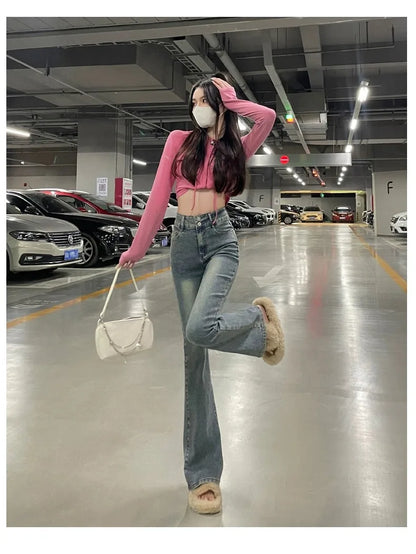 Autumn Winter American Sle High Waist Slim Fit Drapey Micro Flared Jeans Women's Premium Denim Pants