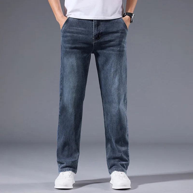 New Men's Light Business Micro Stretch Straight Fit Denim Pants Vintage Distressed All Season Wearable Long Pants
