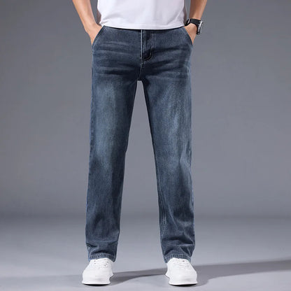 New Men's Light Business Micro Stretch Straight Fit Denim Pants Vintage Distressed All Season Wearable Long Pants