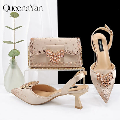 Elegant Green Handbag Medium Heel Shoe Set with Exquisite Handmade Metal Decoration Accents for Wedding & Parties
