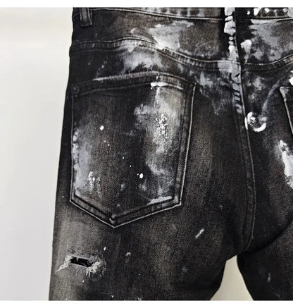 Street fashion men's black gray jeans, high-quality stretch slim fit painted corrugated jeans designer retro hip-hop brand pants