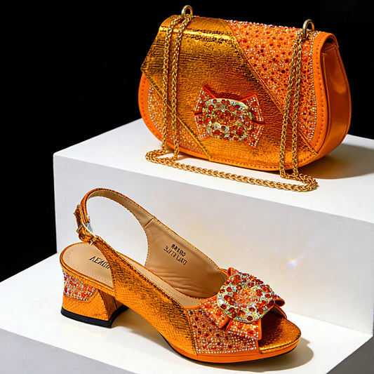 2026 Women Elegant Orange High Heel Shoe and Matching Bag Set with Rhinestone Accents Stylish Peep Toe Design for Party