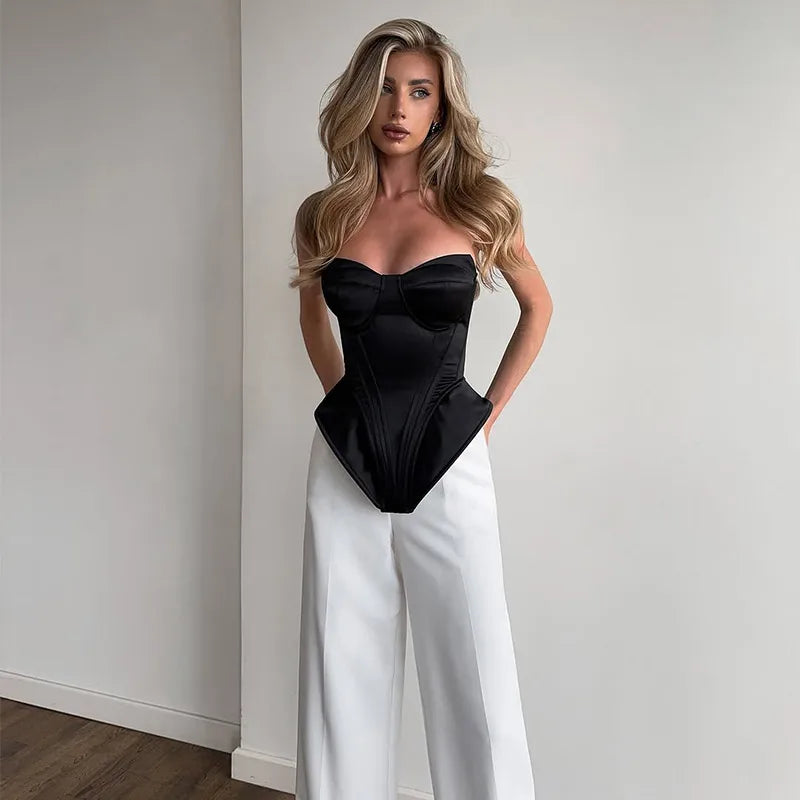 Sexy Fishbone Strapless Short Top Lady Chic Sleeveless Off-shoulder Backless Waist Cinching Blouse Women Vacation Party Tops